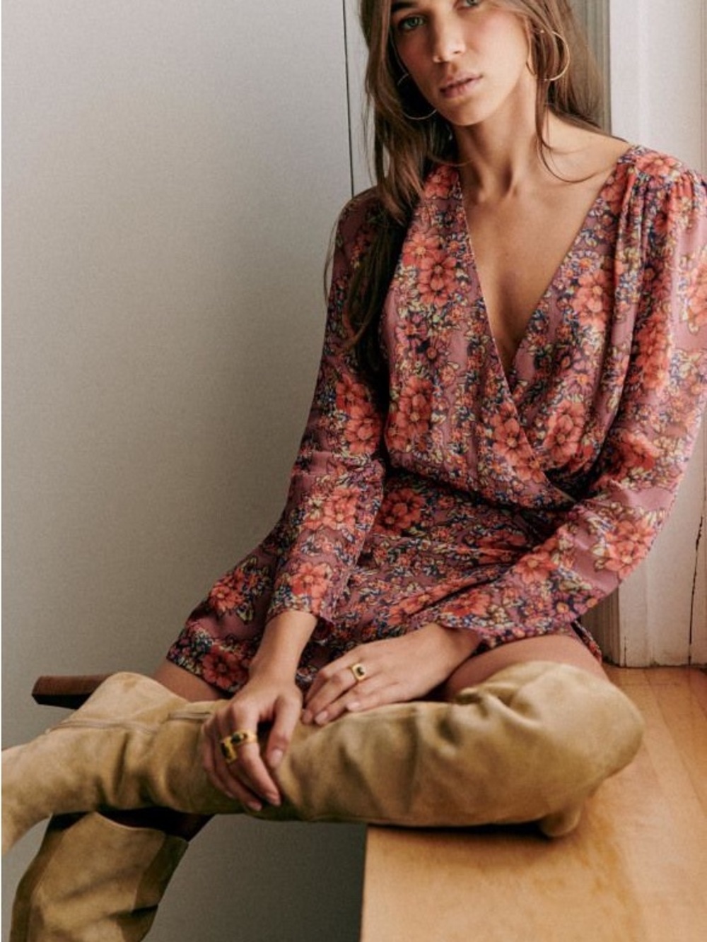 Sezane Rose-Mauve Floral Wrap Mini Dress